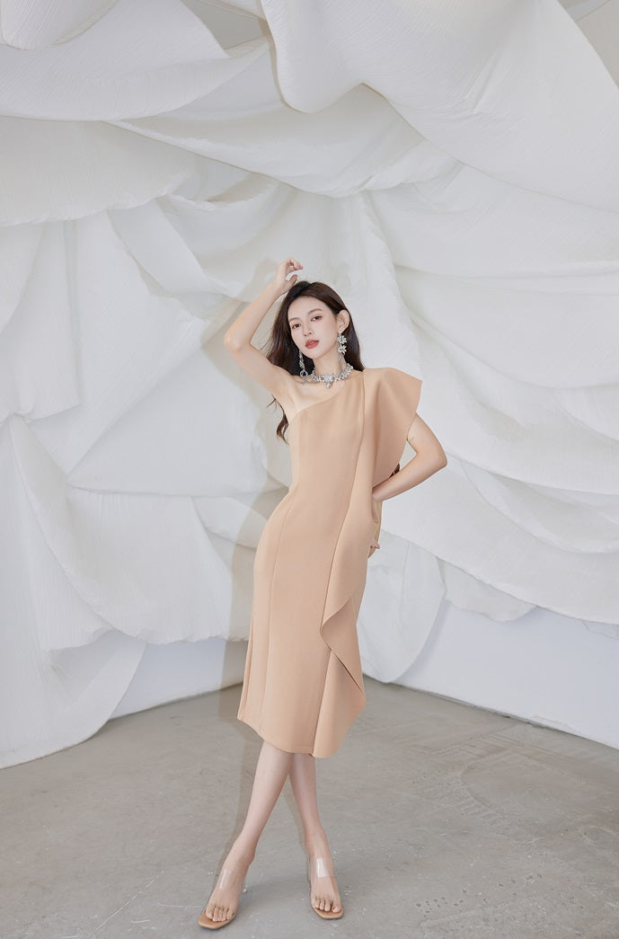 DOLLY Luxury French Style Ruffle One Shoulder Hip Hug Midi Dinner Dress-JEHO