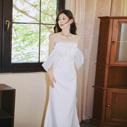 DOLLY Elegant Ruffled Off Shoulder Chest Wrap Long Fish Tail Banquet Dress-KALYA