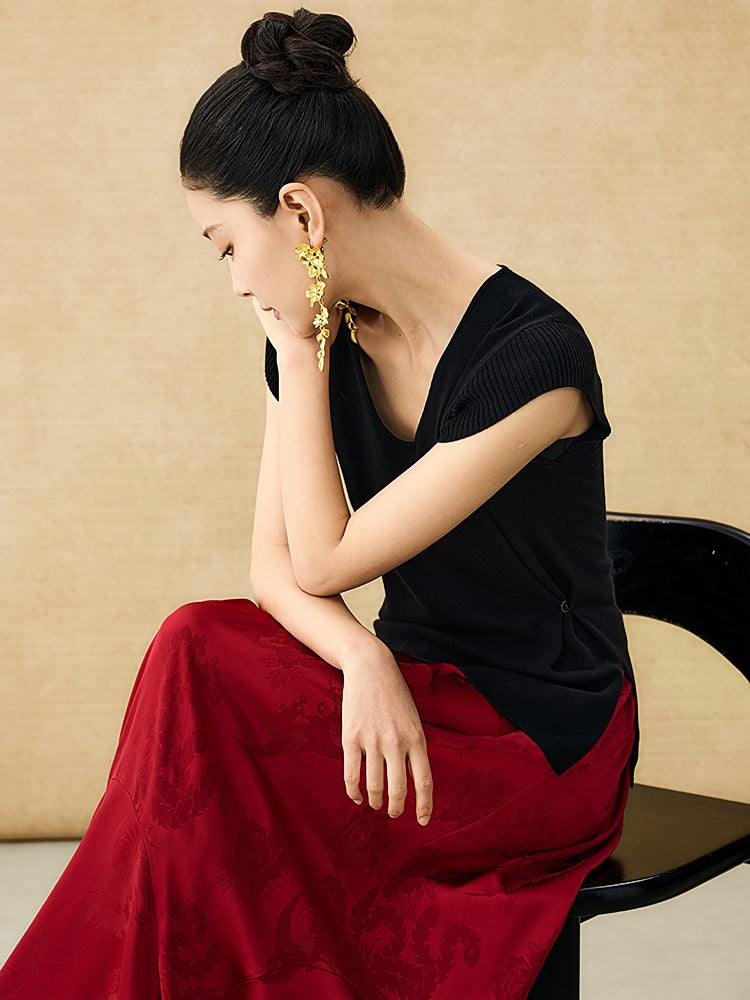 HECO Chinese Versatile Beveled Side Buckle V-Neck Knit Top - BREA.