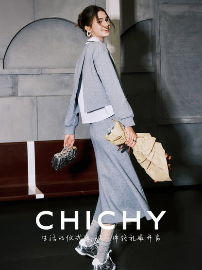 CHICHY Lazy Casual Gray Two-Piece Sporty Style Skirt-KILLUA