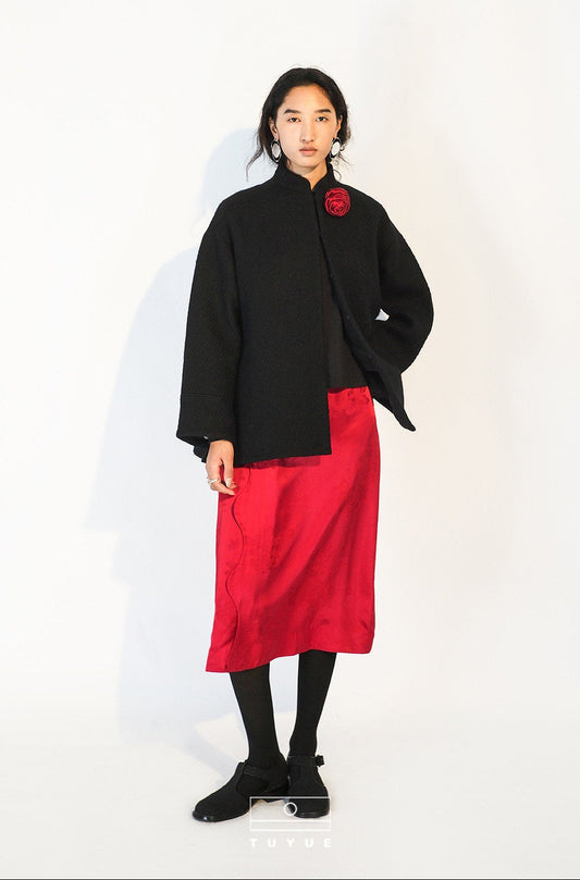 TUYUE Red Silk Satin Woven Midi Skirt- JOBE.