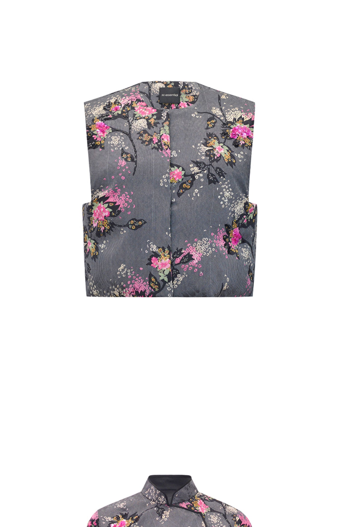 M essential Mackay designer cherry blossom print beads down short vest - LAND.