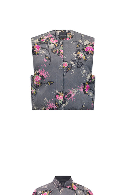 M essential Mackay designer cherry blossom print beads down short vest - LAND.