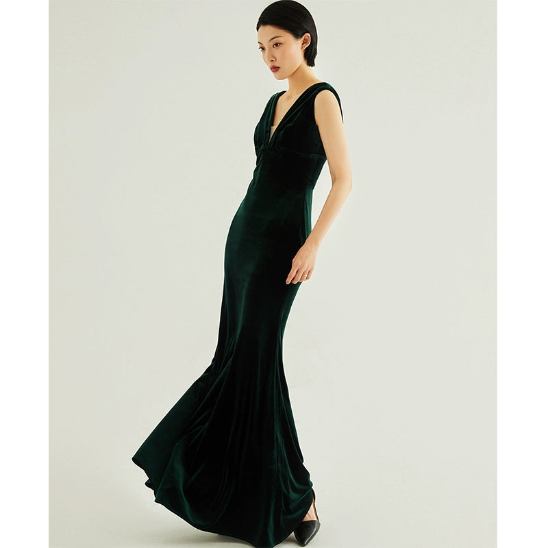 GOUDIN high-end temperament velvet long dark green dresses -ADDIE