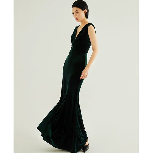 GOUDIN high-end temperament velvet long dark green dresses -ADDIE