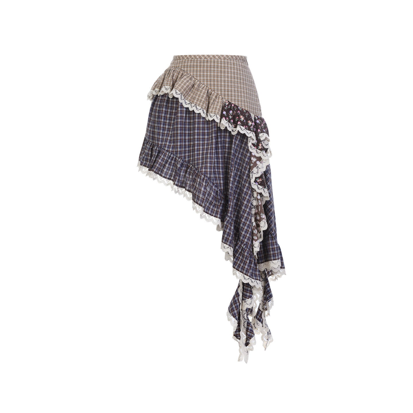 FAME Retro Check Floral Splicing Pastoral Irregular Skirt - CAIUS.