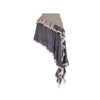 FAME Retro Check Floral Splicing Pastoral Irregular Skirt - CAIUS.