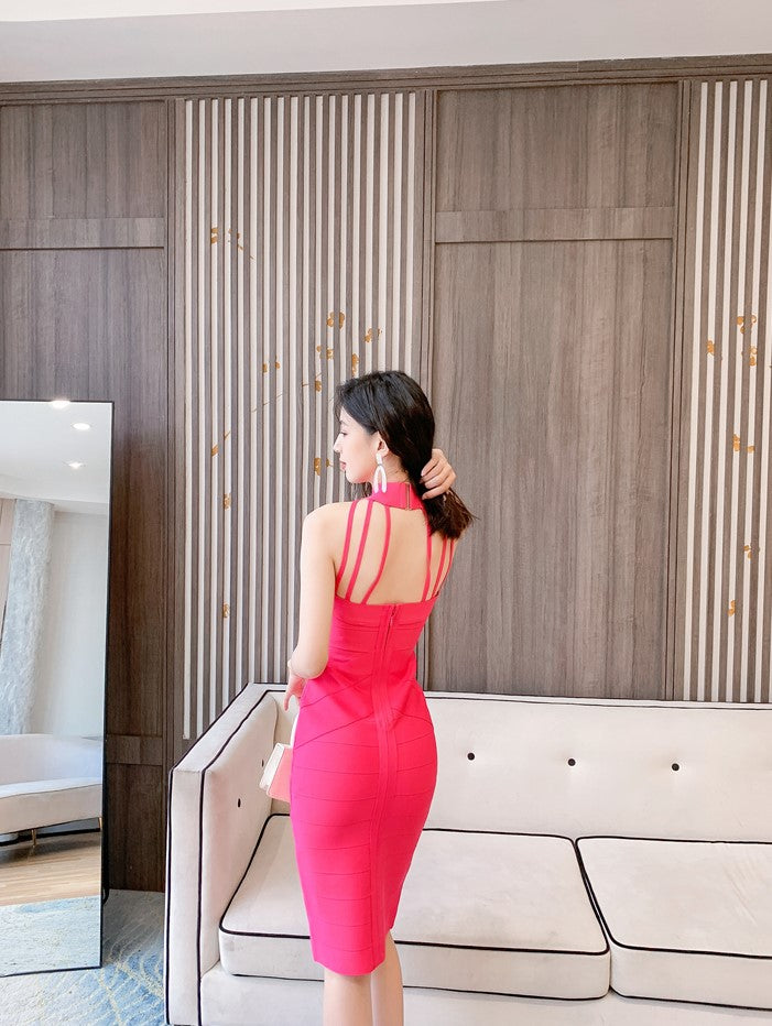 DOLLY Luxury Pink Sleeveless Halter Neck Body Hug Midi Dinner Date Dress-KRASS