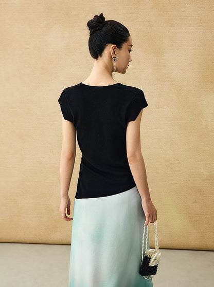 HECO Chinese Versatile Beveled Side Buckle V-Neck Knit Top - BREA.