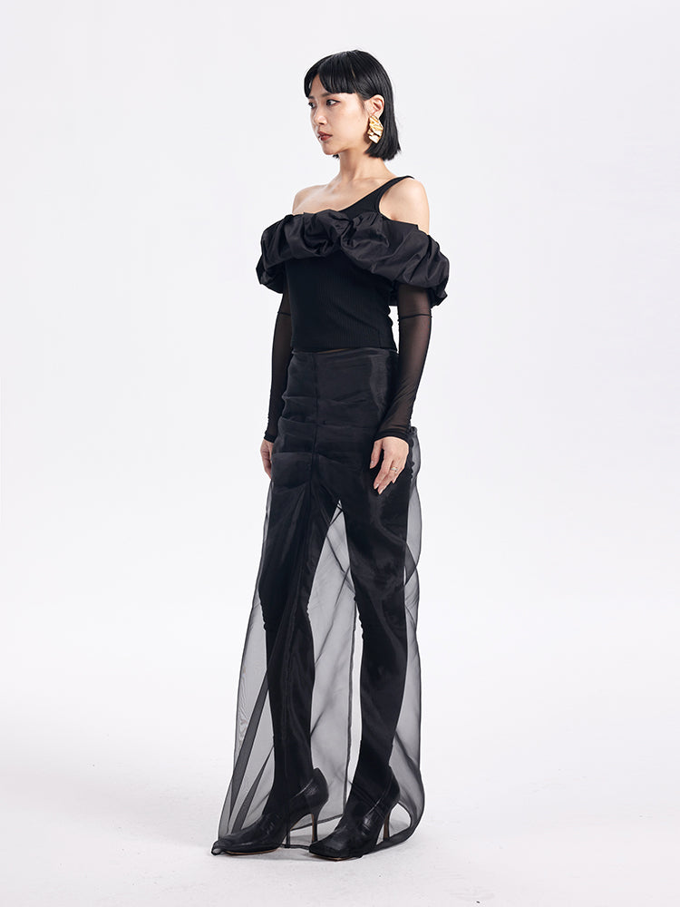TINY IN  ruffle slanted shoulders cropped top with mesh sleeve -ZAN