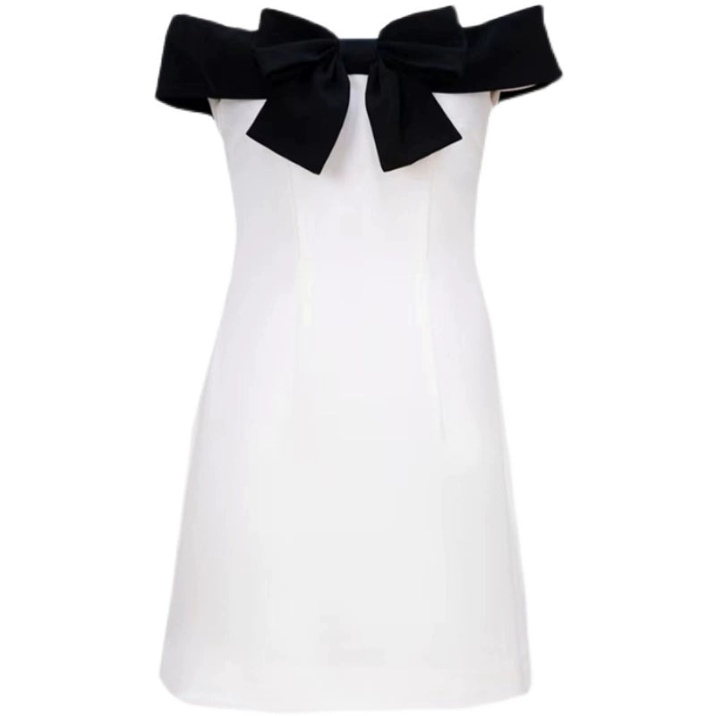 DOLLY High End Black Bow Off Shoulder Bandeau White Short Dress-ANDRA