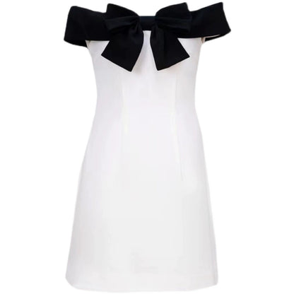 DOLLY High End Black Bow Off Shoulder Bandeau White Short Dress-ANDRA