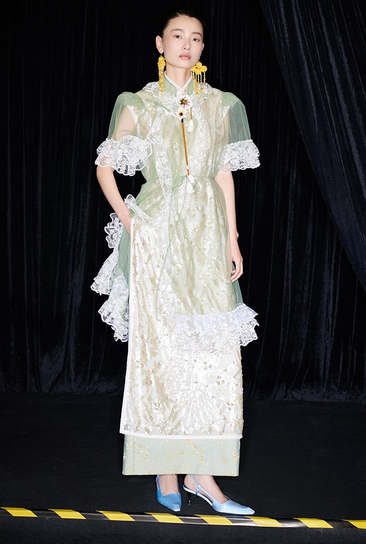 M essential Mackay designer Ear Mesh lace welt stand-up collar dress - DOUNT.