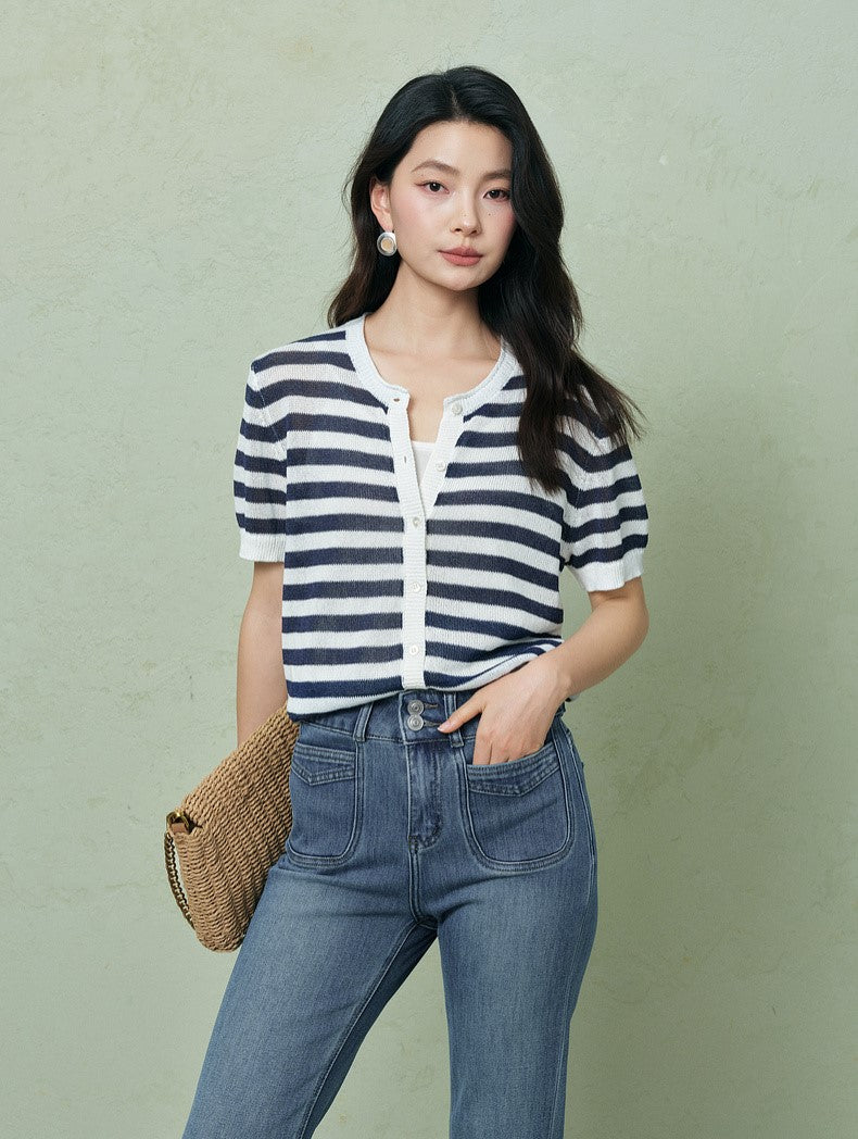 SUSHE light hollow texture striped short-sleeved knit sweater new stretch loose top -BESS
