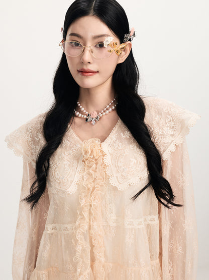 FAME V-Neck Embroidered Lace Shawl Neck Short Dress - JADE.