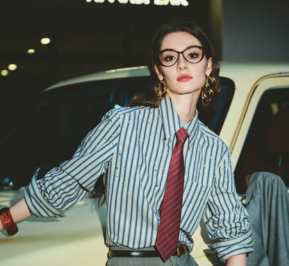 ANNASPEAK striped long staple cotton truncated shirt-QUEN.