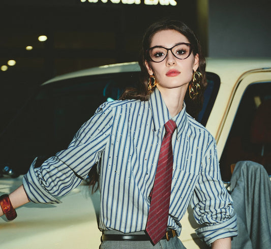 ANNASPEAK striped long staple cotton truncated shirt-QUEN.