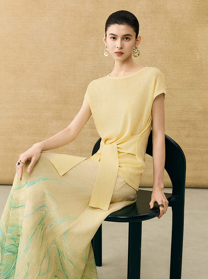 HECO Chinese Slimming Waist Linen Knit Breathable Crew Neck T-Shirt - INDIGO.