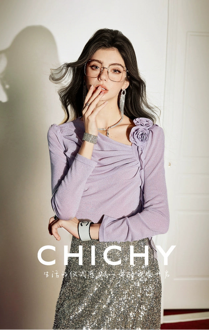 CHICHY gentle chic purple asymmetrical long-sleeved top-LISA