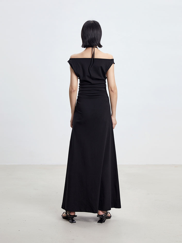 TINY IN cross-neck pleated knit maxi black dress-AYA