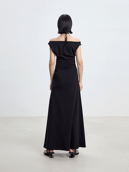 TINY IN cross-neck pleated knit maxi black dress-AYA