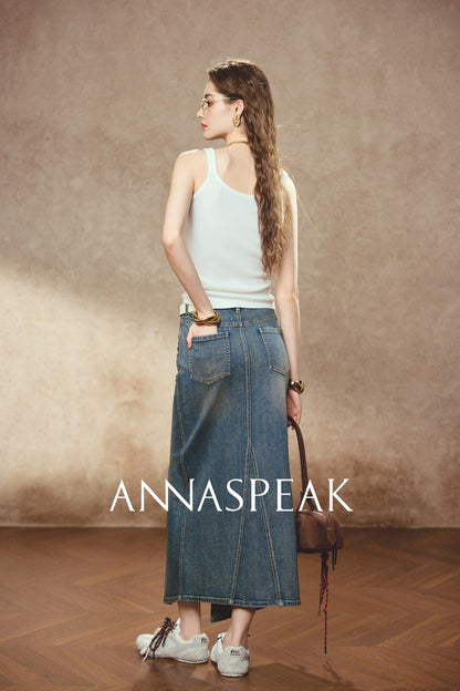 ANNASPEAK Denim long staple cotton slit skirt denim skirt-ISLE.