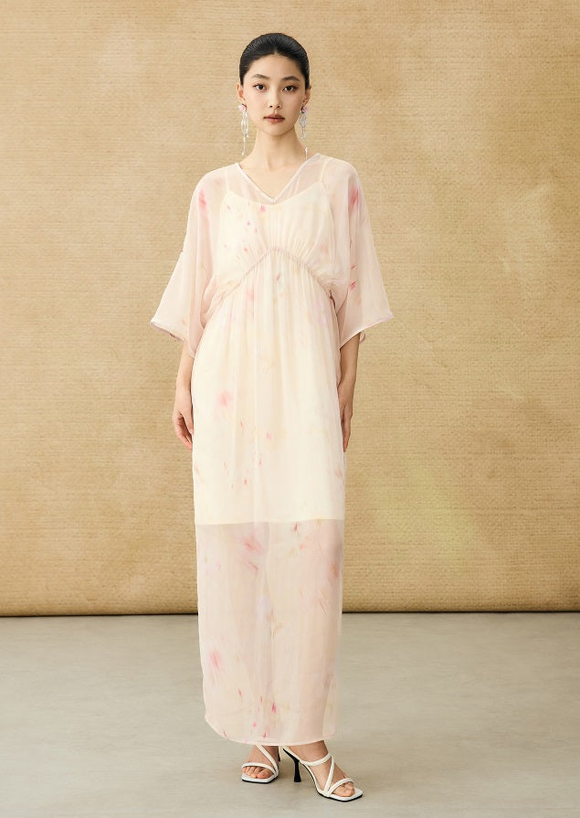 HECO Chinese Resort Style Flowing V-neck Dress - STONE.