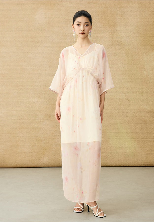 HECO Chinese Resort Style Flowing V-neck Dress - STONE.