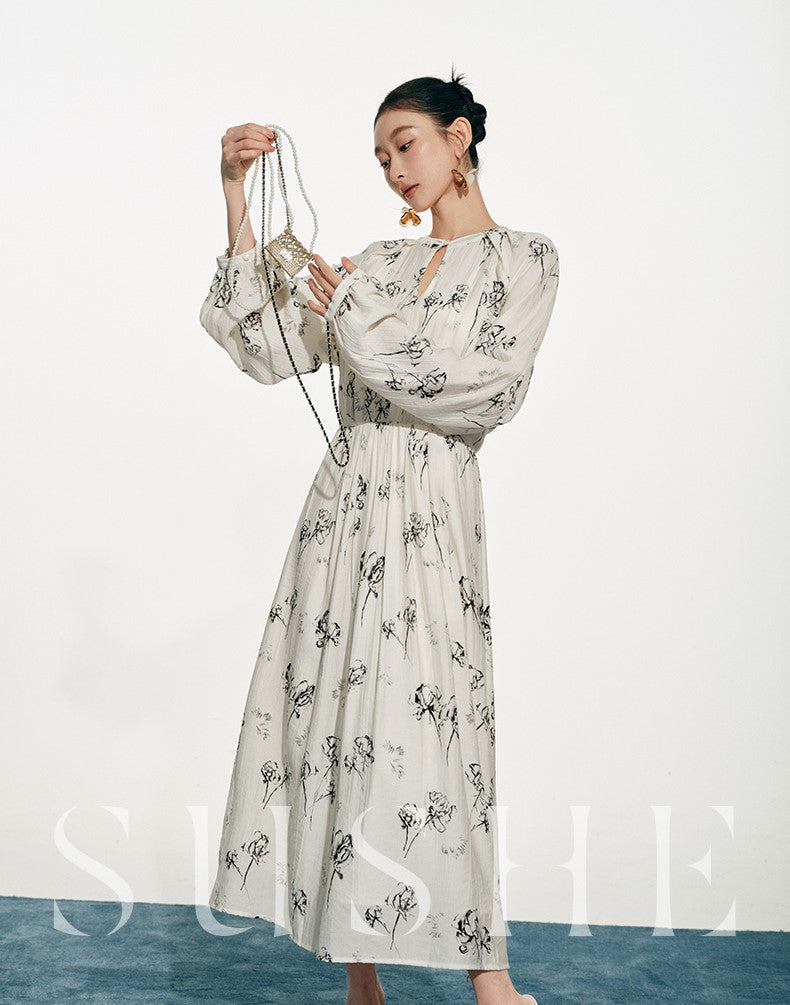 SUSHE white moonlight ink jacquard A-line  French summer long sleeve dress women-FLORA