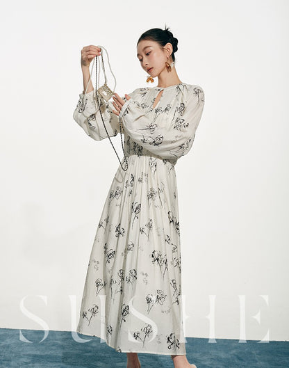SUSHE white moonlight ink jacquard A-line  French summer long sleeve dress women-FLORA