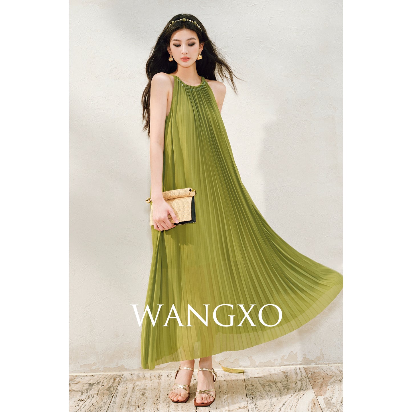 WANGXO | Natural Stone Beaded Halterneck Flowing A-Line Umbrella Skirt -ZENA