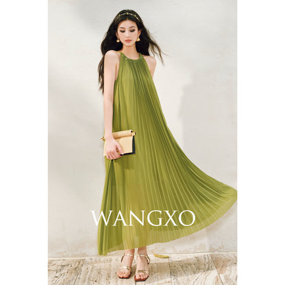 WANGXO | Natural Stone Beaded Halterneck Flowing A-Line Umbrella Skirt -ZENA