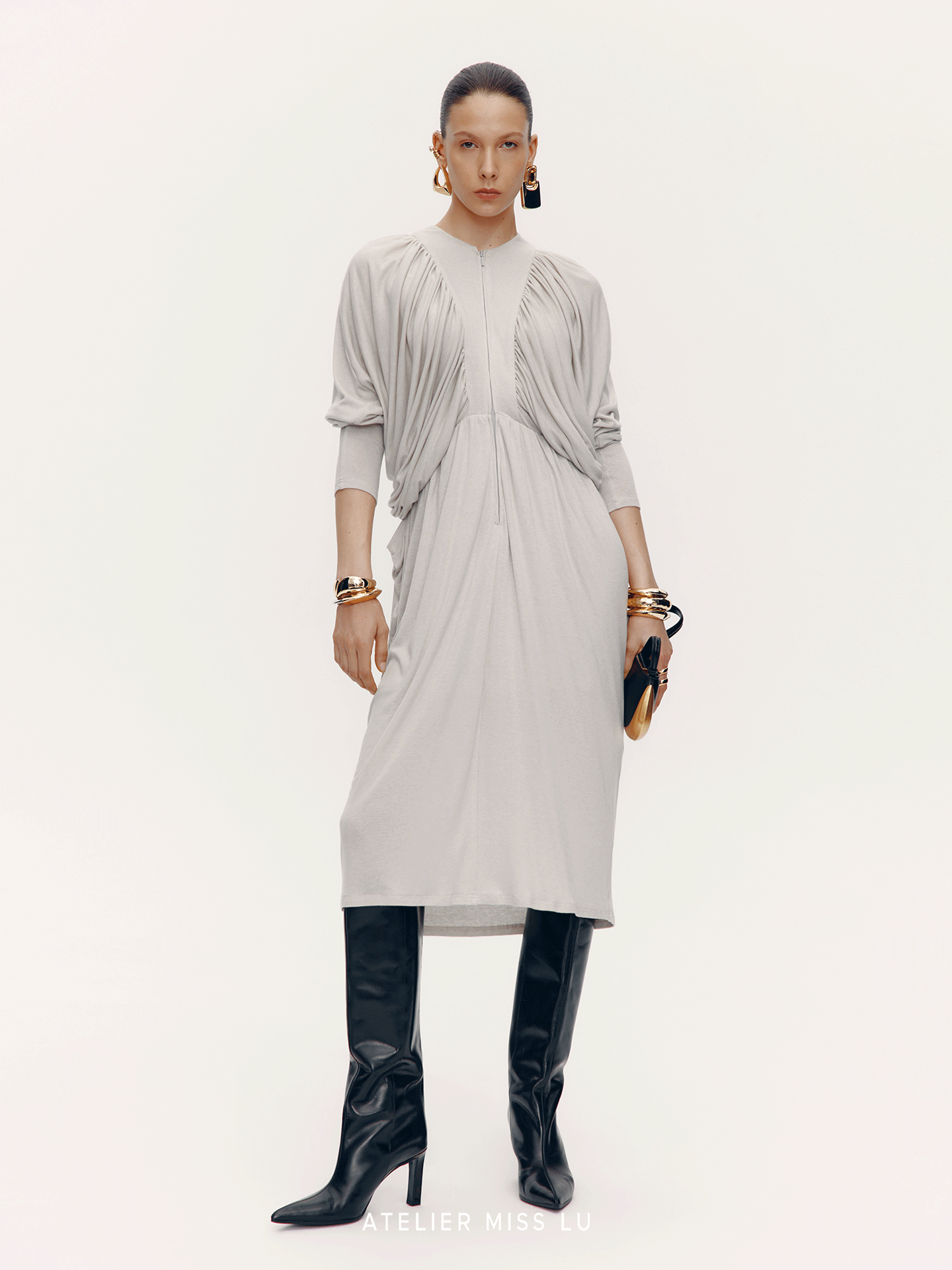 ATELIER MISS LU New Vertical Draped Design Long Sleeve Dress - DERM.