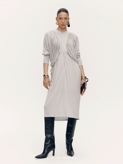 ATELIER MISS LU New Vertical Draped Design Long Sleeve Dress - DERM.