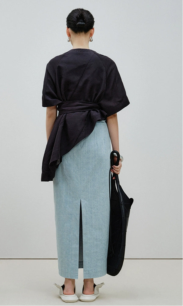 ZHUCHONGYUN summer blue belt loose straight length denim skirt-SOMA.