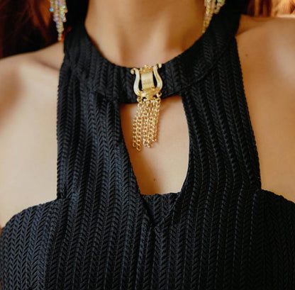 DOLLY High End Black Halter Neck Wrinkle Wide Flared Leg Pant Jumpsuit-LARA