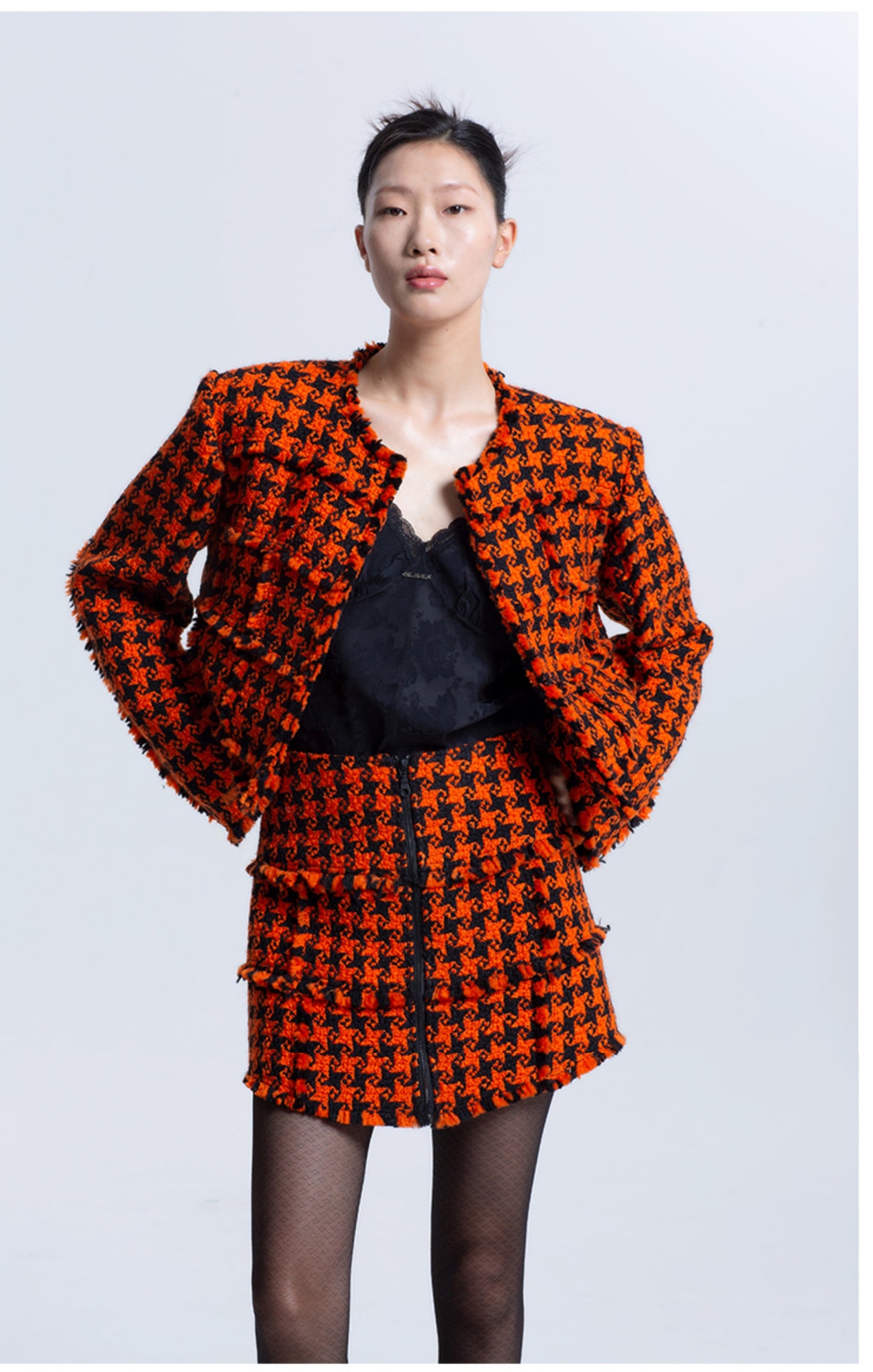LEDIM W luxury high end patchwork orange houndstooth plaid blazer jacket - Haiei