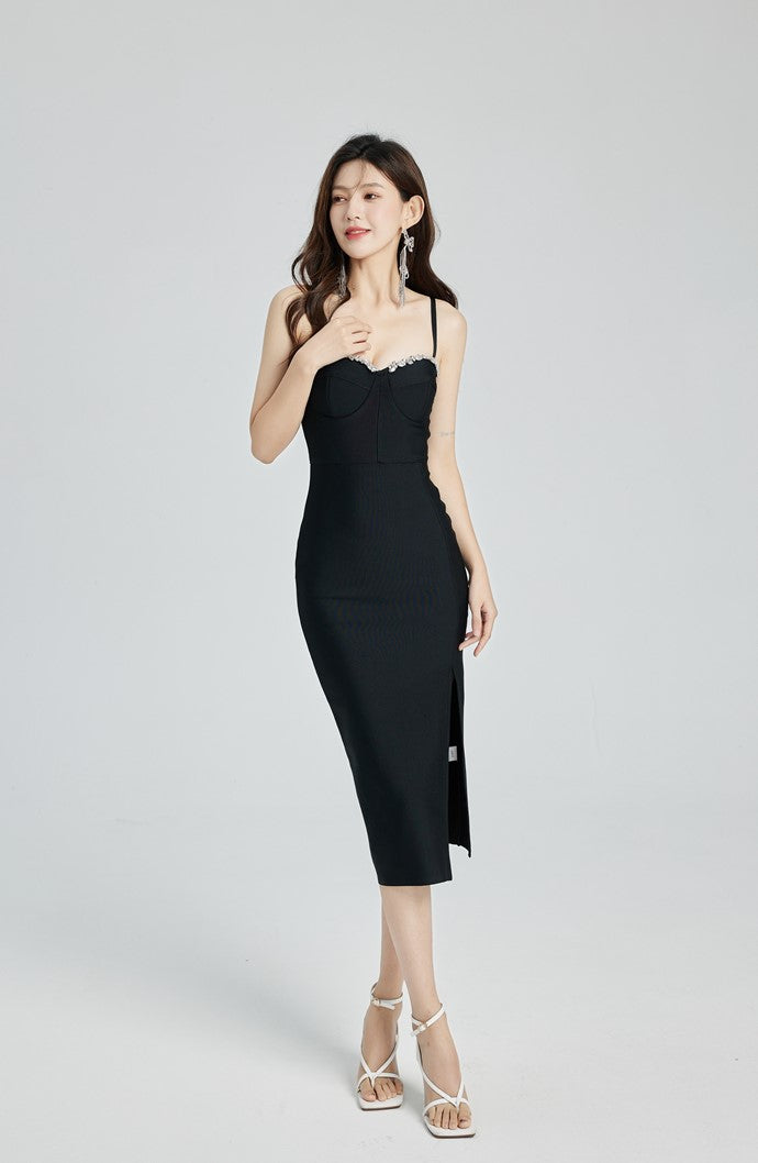 DOLLY Luxury 0ff Shoulder Sleeveless Diamond Bandage Sexy Slit Banquet Dress-PALOMA