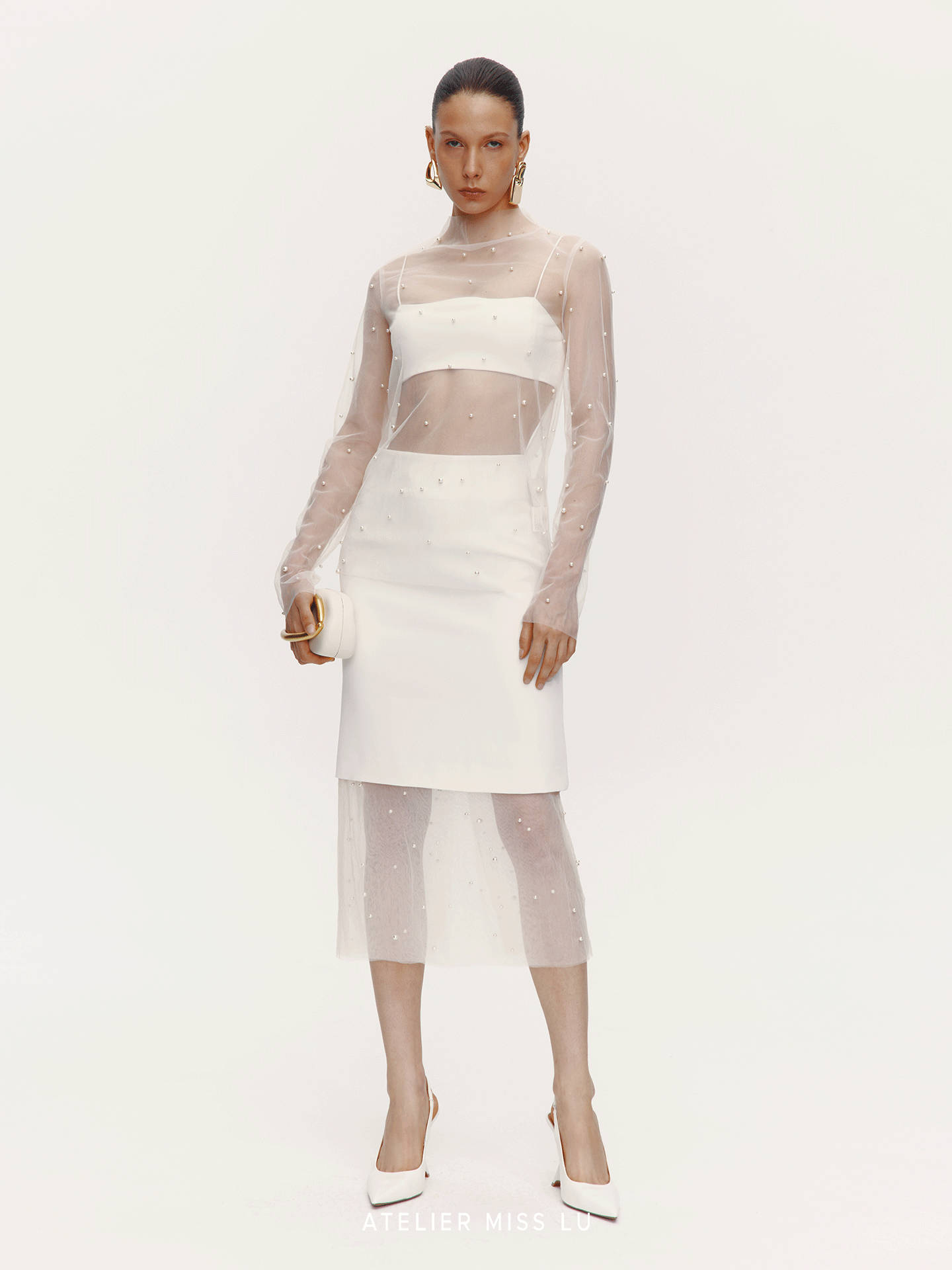 ATELIER MISS LU pearl embellishment see-through heavy yarn top - EMMA.