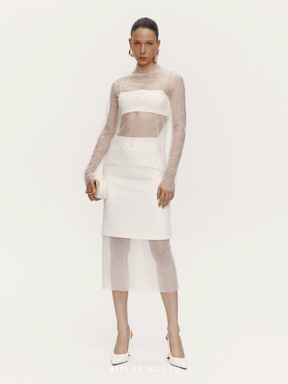 ATELIER MISS LU pearl embellishment see-through heavy yarn top - EMMA.