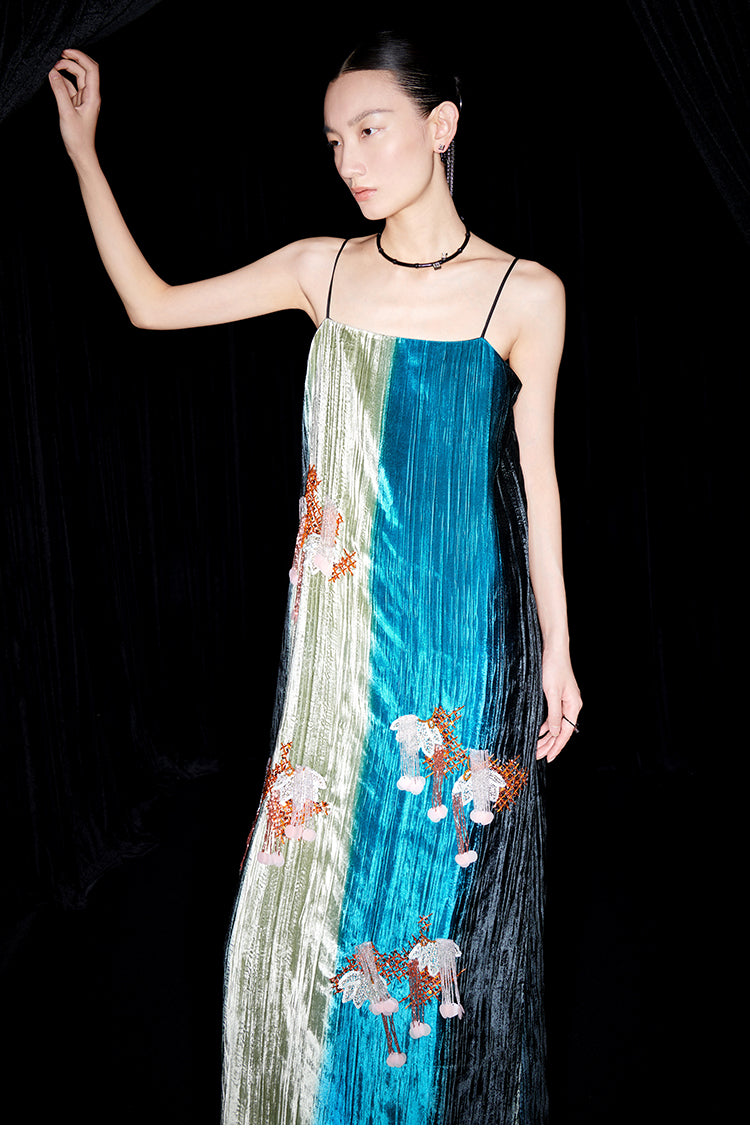 M essential Mackay designer hand-painted tassel embellishment slip dress pant set - Sanui Sala.