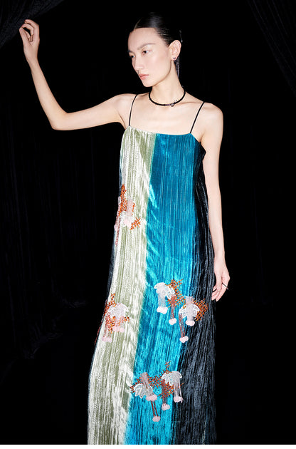 M essential Mackay designer hand-painted tassel embellishment slip dress pant set - Sanui Sala.