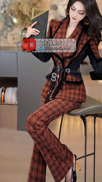 VJE Lapel Jacket Flared Pants Two-Piece Set Business Style Suit - MED.