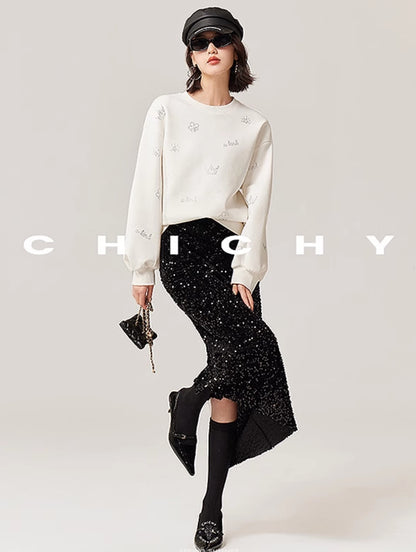 CHICHY temperament velvet sequin black A-line straight skirt -TRACY