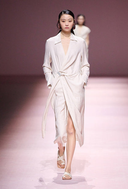 COMME MOI women's V-neck lace-up pinch pleated midi dress - JOSEPH.