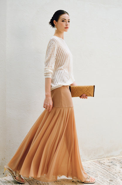 WANGXO | Twill Roman Knit with Lightweight Sheer Paneling  A-Line Hem Flowing Skirt  -RAYA