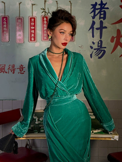 Le Palais Vintage Original New Chinese Green Velvet Wrap Top + Irregular Draped Skirt-TEE.