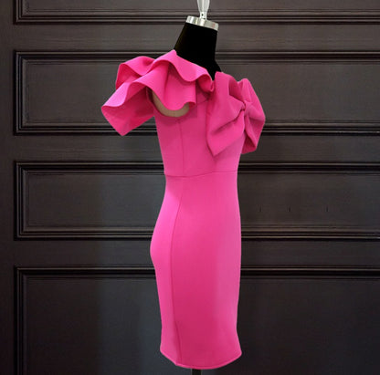 DOLLY Elegant French Style Pink Off Shoulder Big Bow Short Dinner Dress-JOMA