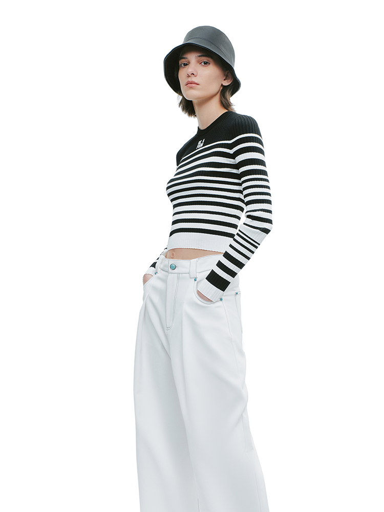 YES BY YESIR  black and white striped short woolen knit top - PROJECT.