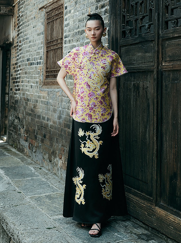 HECO Chinese style golden dragon embroidery short-sleeved placket buttoned shirt - QAND.